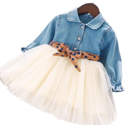 China Anti-wrinkle autumn style new Korean girls dress children's fashion denim gauze skirt polka dot belt long-sleeved skirt for sale