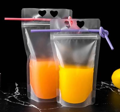 China Disposable Clear Frosted Standup Plastic 16oz Zipper Pouch 500ml Drinks Ziplock Bag For Juice Coffee Takeaway With Drinking Straws for sale