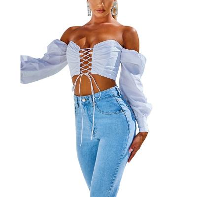 China QUICK DRY Women's Blouses and Shirts Summer Off Shoulder T-Shirts Women's Beach Party Lace Up Puff Sleeve Top Blouse for sale