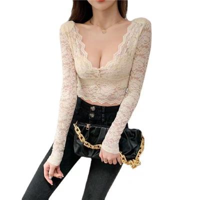 China Breathable tops for women 2021 summer design casual women's clothes lace up T-shirt lace design full with polyester v-neck shirts for women for sale