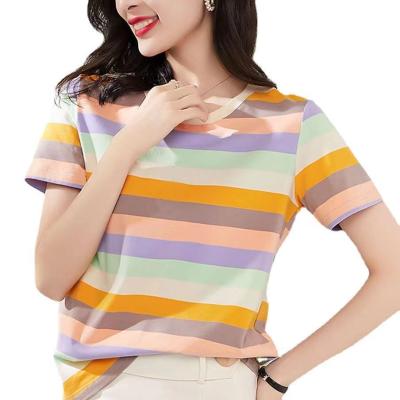 China 2021 new fashion style women's clothing factory QUICK DRY customized rainbow colors causal T-shirt silk and cotton hot sale in Amazon for sale