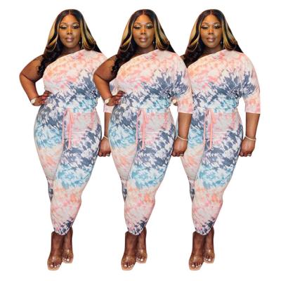 China Breathable Women's Casual Asymmetric Plus Size 2 Piece Set Spring Autumn Fashion Color Print Slanted Shoulder Sleeve Pants Two Piece Set for sale