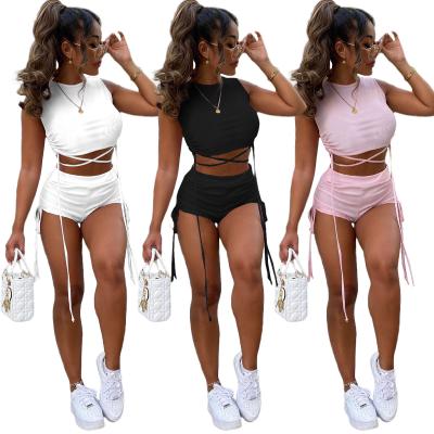 China Anti-wrinkle women two piece crop top shorts set 2021 summer outfit pleated lace up 2 piece sleeveless short set for sale