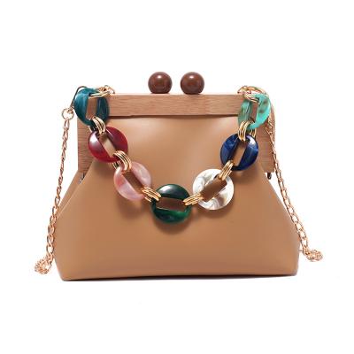 China Multifunctional Wooden Clip Clutch Chain Bag Cross - Body Purse Designer Women Hand Bags PU Leather Purses and Handbags for sale