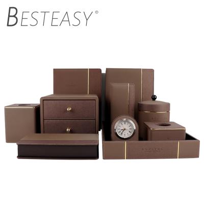 China Custom 5 Star Leather Hotel Accessories High End Hot delling Leather Wire Drawing Guest Room Amenities Leather Sets Tray for sale