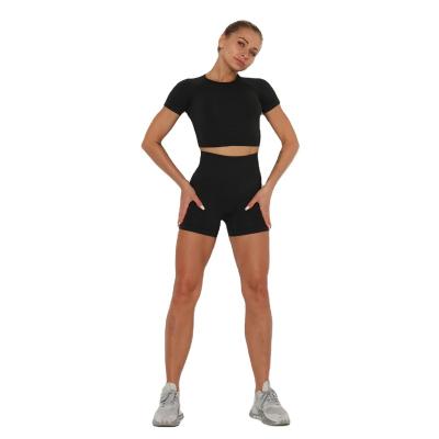 China Women Antibacterial Tight Training Seamless Yoga 2 Pieces Short Top Sets Sweat Wicking Anti Wrinkle Workout Yoga Set for sale