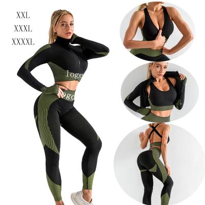 China XXL-XXXXL Antibacterial Women 3 Piece Crop Top Leggings Sports Seamless Bra Workout Apparel 3 Pcs Gym Fitness Sportswear Plus Size Yoga Sets for sale