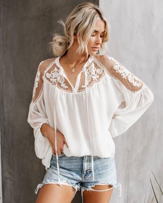 China Anti-pilling New White Color Women Tops Lady Blouse Long Sleeve Hollow Lace Up Casual Chiffon Blouse Tops for sale