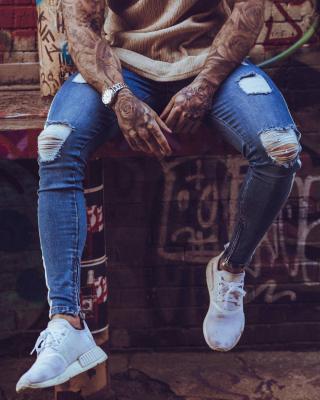 China 2020 Fashion Breathable Hip Hop Stripe Skinny Skinny Ripped Jeans Men Fit Denim Pants Male Pencil Bottoms Street Knee Ripped Holes Jean Mens for sale