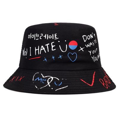 China Character Summer Sun White Black Cotton One Size Design Heart Graffiti Letter Graphic Bucket Hat for sale