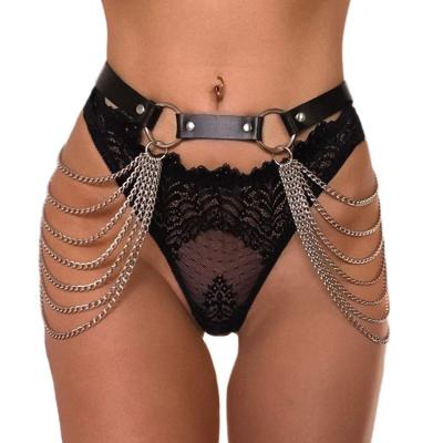 China Personality Leather Punk Punk Waist Chain Belt Layered Belly Belts Black Praise Chain Body Chains Jewelry for sale