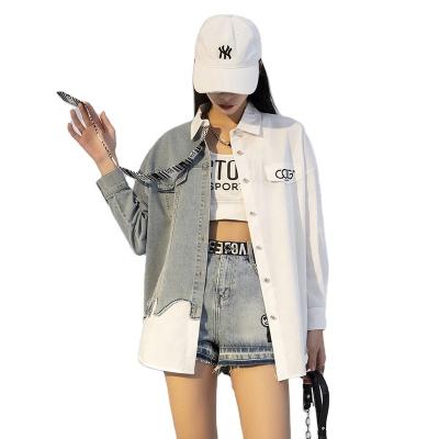 China Latest Trend Breathable Denim Knitted Lapel Quilting Breathable Women's Long Fashion Shirt for sale