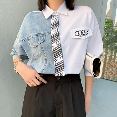 China OEM Prints Top Custom Breathable Girls Lapel Long Breathable Wholesale Denim Knitted Blouses Fashion Shirt for sale