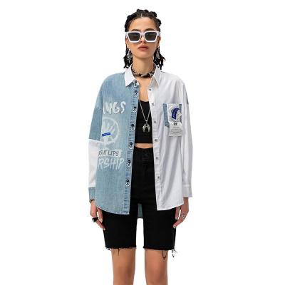 China Newest OEM Custom Pattern Fashion Breathable Stylish Denim Knitted Long Shirt Lapel Breathable Blouses For Women for sale