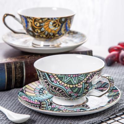 China Sustainable Wholesale Bone China Ceramic Household Flower Tea Mug Porcelain Cappuccino Coffee Cup And Saucer Set for sale