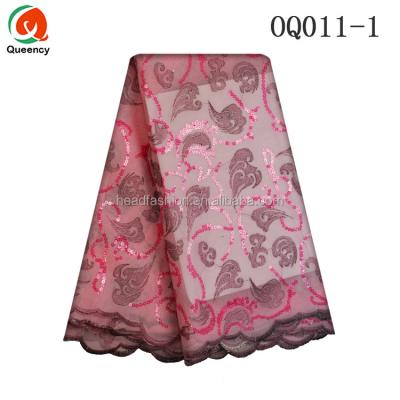 China OQ011 Queency Viable Sequins African Cotton Embroidered Double Silk Organza Lace Fabric High Quality for sale