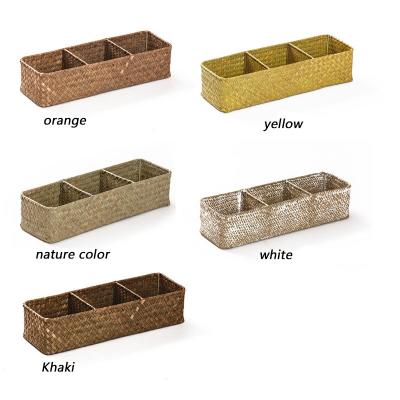 China Eclectic Natural Handwoven Creative Desktop Coffee Table Storage Basket Flower Divided Lattice Three Cosmetic Box for sale