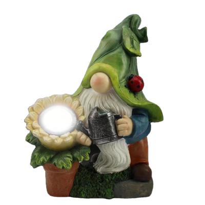 China Artificial Garden Gnome Statue Resin Gnome Flower with Solar LED Lights Outdoor Home Decorations Patio Yard for sale