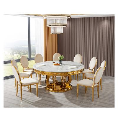 China Convertible Italian Design 8 Seater Round Marble Top Stainless Steel 8 or 10 Seater Dining Table Gold Marble Set for sale