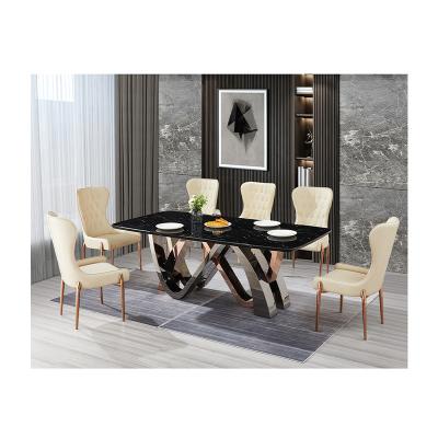 China Large Convertible 8 Seaters Rectangle Dinner Furniture Set Natural Black Marble Table Stainless Steel Gold Frame Dining Table for sale