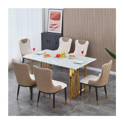 China Luxury Golden Rectangle Metal 6 Seater Convertible Dinner Furniture Set Table 8 Seater Stainless Steel Marble Dining Table for sale