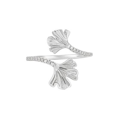 China CLASSIC Sterling silver S925 plated niche personality ins cool style geometric cross edge diamond ginkgo leaf open ring for women for sale