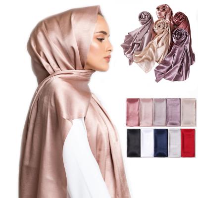 China Acrylic 2022 High Quality Malaysia Ladias Plain Color Satin Scarf Shawl Wrap Textured Cape Bawal Muna Muslim Women Silk Stain Hijabs for sale