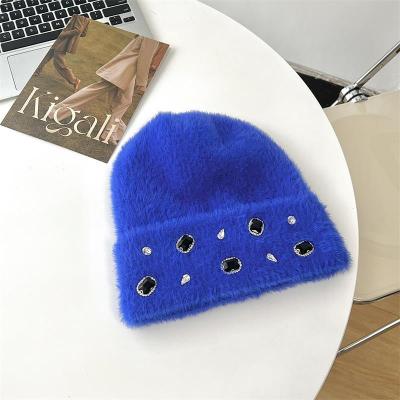 China COMMON High Quality Ladies Diamond Winter Hat Fashion Handmade Warm Rabbit Hair Knitted Beanie Hat With Rhinestone for sale