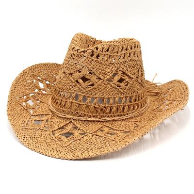 China European and American Style 2023 spring and summer new hollow cowboy hat hand-woven straw hat breathable cool American warped jazz hat for sale