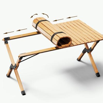 China Imported Camping Portable Outdoor Wood Aluminum Picnic BBQ Wine Beech Wood Travel Folding Egg Roll Table for sale