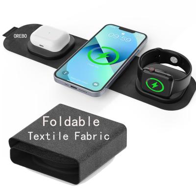 China Portable 3 in 1 Travel Wireless Charger Foldable Textile Fabric Wireless Charging Pad for iPhone13/14 Apple Watch/AirPods for sale