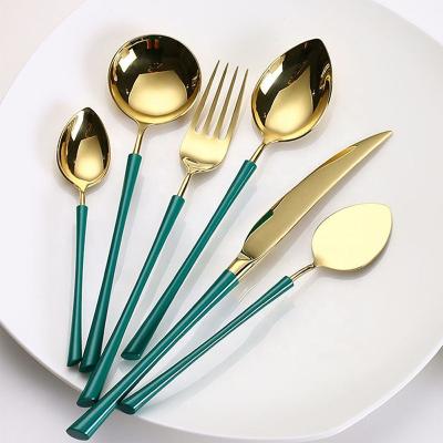 China Sustainable Luxury Green Gold Handle Stainless Steel Flatware Flatware Set Silverware Dinnerware Include Knife Fork Spoon for sale