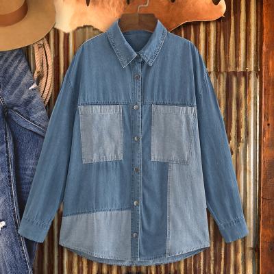 China Jackets Color Block Denim Shirt Jacket Long Sleeve Patchwork Pockets Denim Shacket for sale