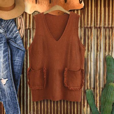 China Breathable Tassel Style Pocket Knitted Casual Vest Women Plus Size V Neck Vest for sale