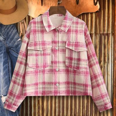 China Jackets Plaid Jacket Long Sheath Short Type Tartan Lapel Button Down Flannel Shacket Shirt Pocketed Jacket for sale