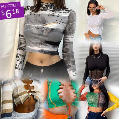 China Bustier Ladies Summer Hole Crop Top Long Sleeve Crop Top Breathable Sexy Custom Crop Top T-Shirt for sale