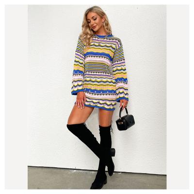 China 2021 Winter Sale Fashion O Neck Breathable Warm Colorful Knitwear Sweater Long Sleeve Dresses Women's Dress for sale