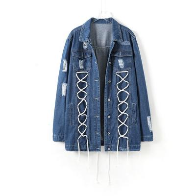 China Wholesale Women's Breathable Clothing Women's Distressed Denim Jacket Blue Lace Up Distressed Women for sale