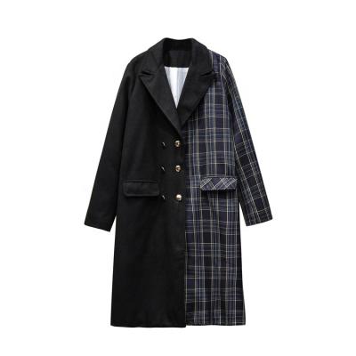 China None Ladies Coats Long Ditch Coat Women Navy Wool Plaid Contrast Button-Up Pea Coat Turtle Neck Slit Black Plaid Color Matching for sale