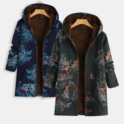 China None Long Coat New Cotton Hemp Print Hooded Ditch Coat Women And Warm Green Floral Sherpa Lined Hooded Plush Jacket for sale