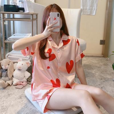 China Japanese Women's Cartoon Thin Summer Satin Thermal Pajamas Women's Short Sleeve Home Clothes Two-Piece Suit for sale