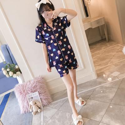 China Summer Youth Girl QUICK DRY Blue Silk Pajamas Women Short Sleeve Casual Home Clothes Sleepwear for sale