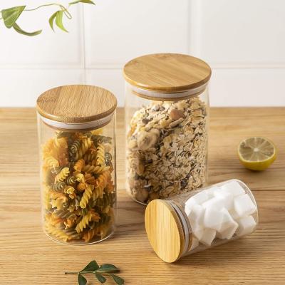 China Steamable 3Pcs Jar Food Storage Glass Jar With Airtight Seal Lid Food Storage Canister Bamboo Tea Containers for sale