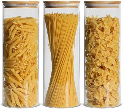 China 3pack Steamable Glass Cylinder Spaghetti Pasta Pasta Food Storage Container Airtight Glass Jar With Bamboo Lid for sale