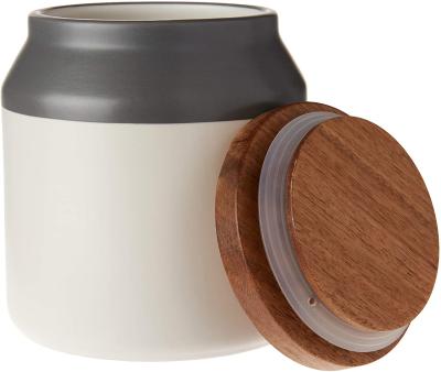 China Steamable Food Storage Jar With Wooden Lid Small Gray Ceramic Kitchen Container for sale