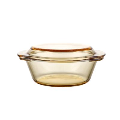 China Viable Wholesale 1000ml Oven Thick Amber Brown Crystal Soup Fruit Salad Binaural Glass Bakeware Storage Bowls With Lid for sale