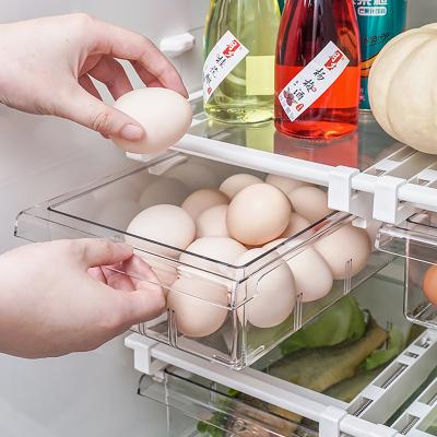 China Plastic Clear Fresh Keep Kitchen Fridge Fruit Vegetable Storage Shelf Fridge Egg Rack Organizer Slide Under Drawer Holder for sale