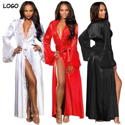 China Wholesale Sexy Women's Nightgown Silk Bath Lace Long Female Nightgown Sleep Dress Valentine white QUICK DRY long robe for sale