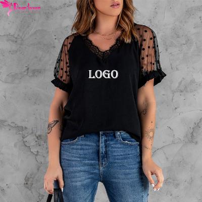 China Low Dot Mesh Patchwork Ladies Clothing Vendor Price Women's Anti-pilling Blouses Shirts 2022 Wholesale Sleeve Blouses Anti-pilling Shorts Dear-lover for sale