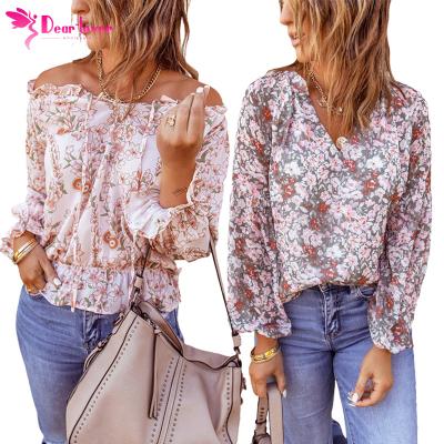 China Wholesale ladies fashion chiffon summer anti-pilling floral printing plants off the shoulder women full blouses for sale